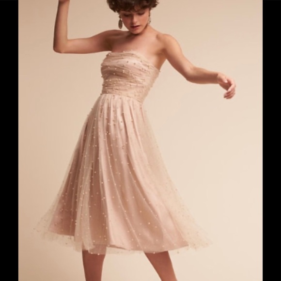 BHLDN Strapless Pearl-embellished Tea-length Gown - Picture 1 of 6